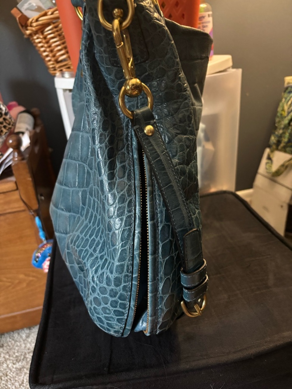 Teal Croc-Embossed Leather Tote Bag with Gold Hardware - Picture 3 of 16
